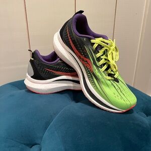 Saucony Endorphin Speed 2; less than 25 mi. A runner’s favorite workout shoe.